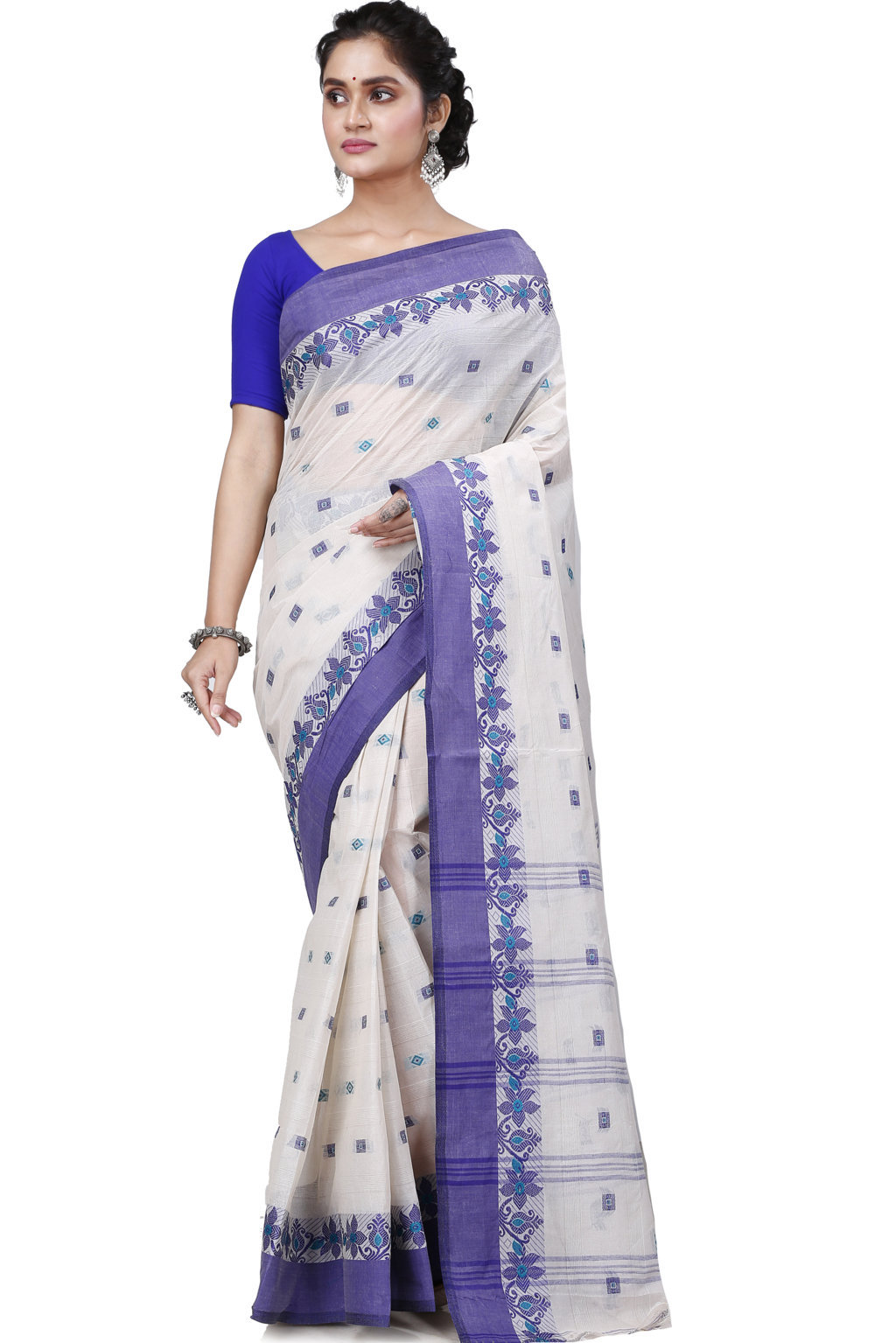 White Pure Cotton Ramala Tant Saree (961)